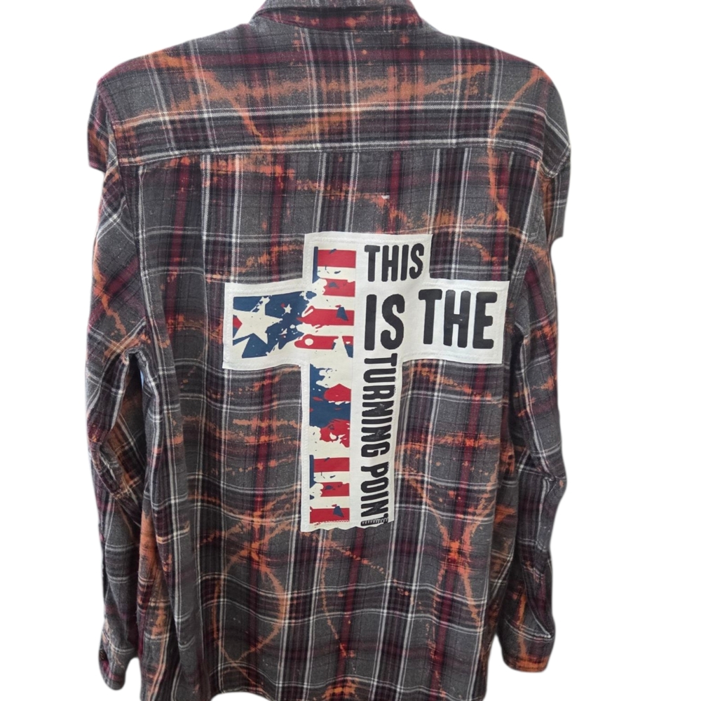 Upcycled Plaid Men's Shirt with Graphic Back. 1 Of A Kind Refurbished FREEDOM